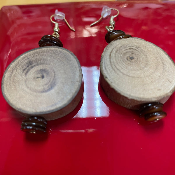 Handmade Earrings - Natural Carved Wood and Semi-precious Beads