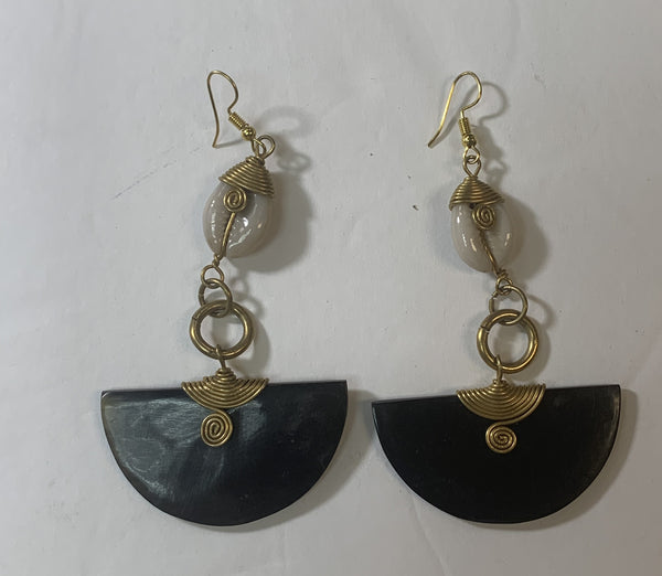 Horn,  Brass and Cowry Shell Earrings