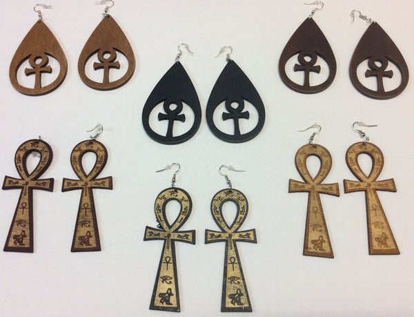 Wooden Ankh Cutout Earrings - Design 8